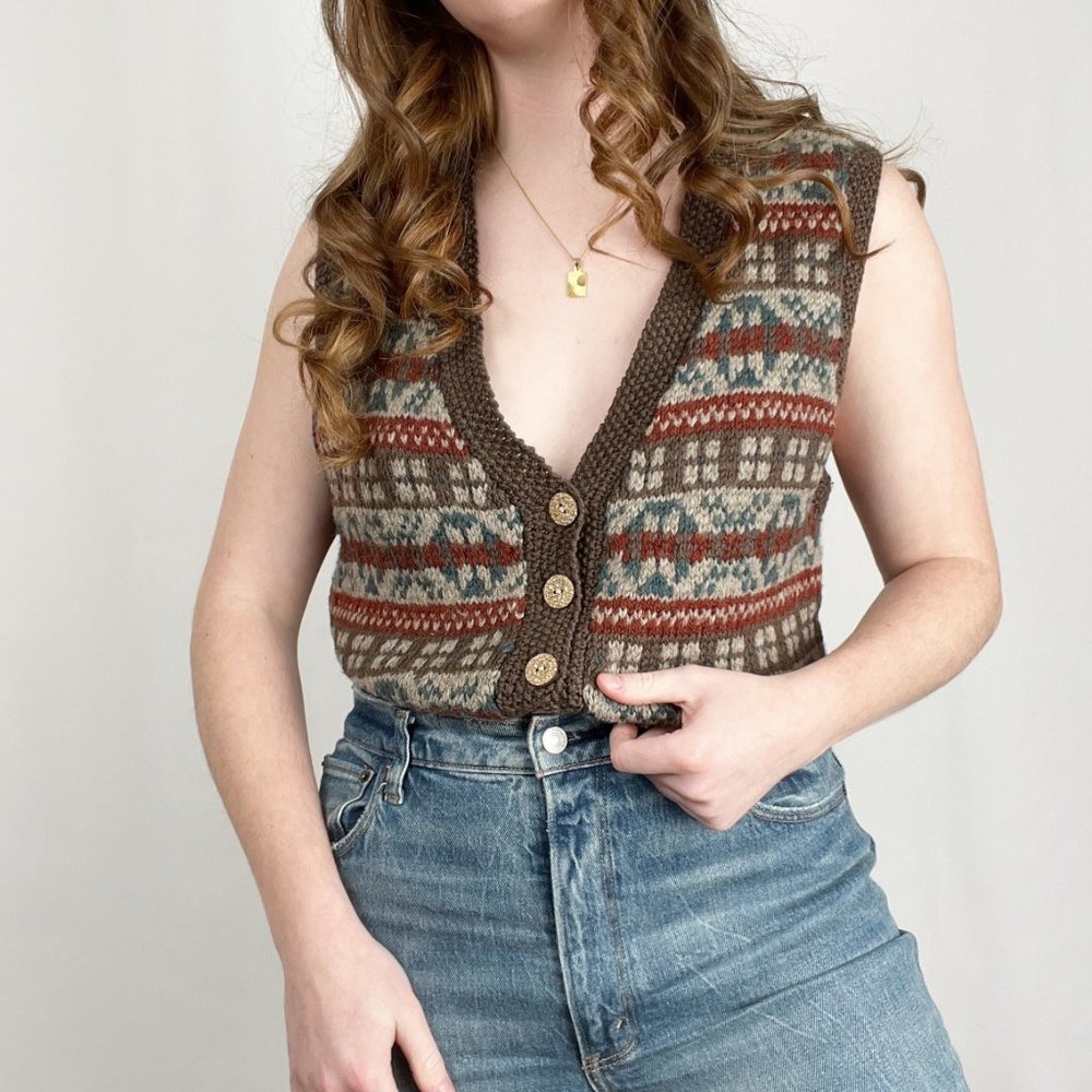 Vintage Handmade Rustic Cottagecore Fair Isle Knit Sweater Vest Cardigan Grandpa - Picture 8 of 8